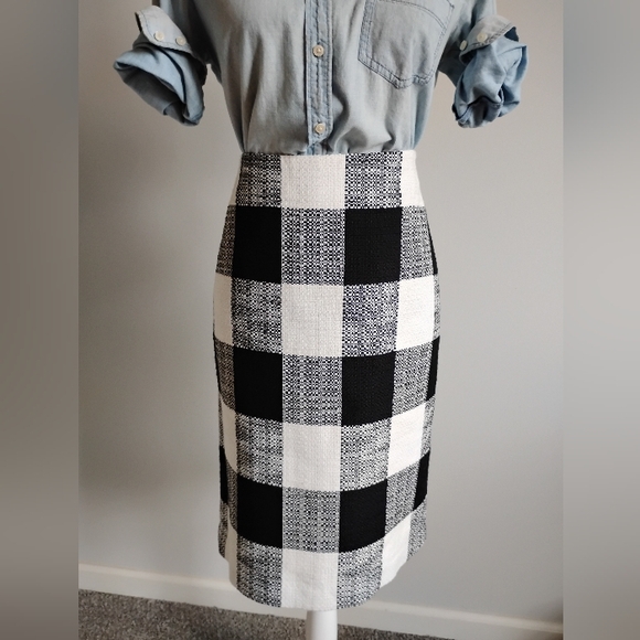 Talbots 100% Cotton Tweed Gingham Black White Pencil Skirt Classic Career Size 8 - Picture 2 of 16